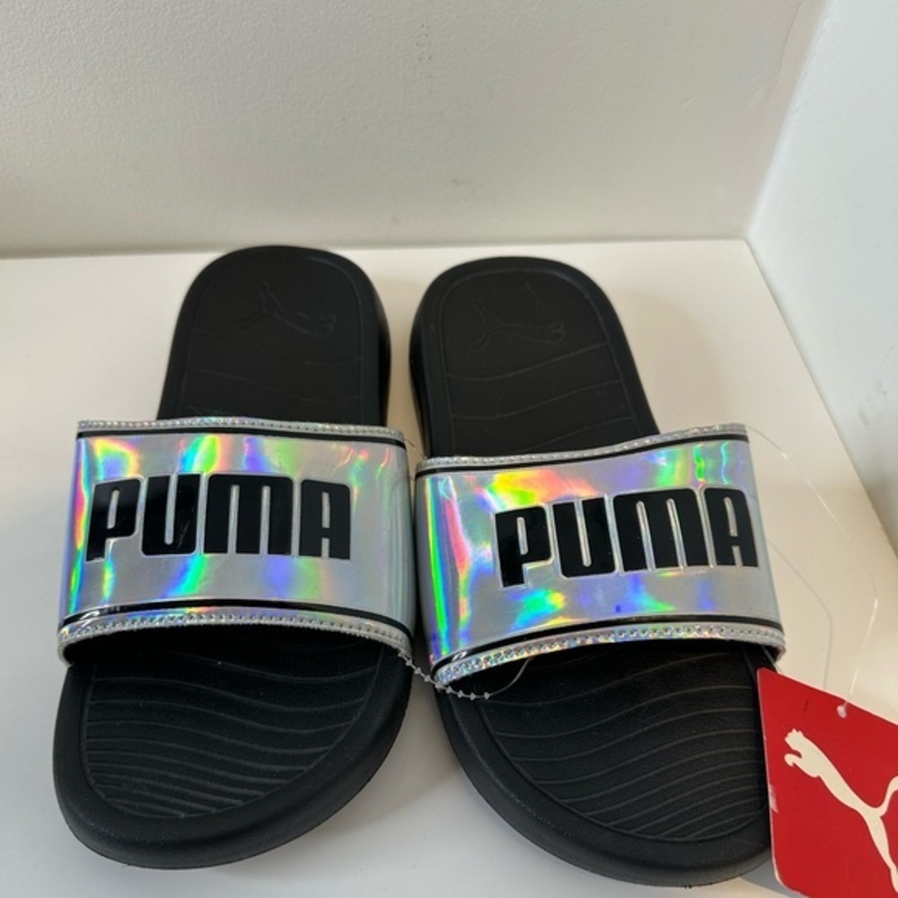 NWT Holographic silver Puma slides . Size 6